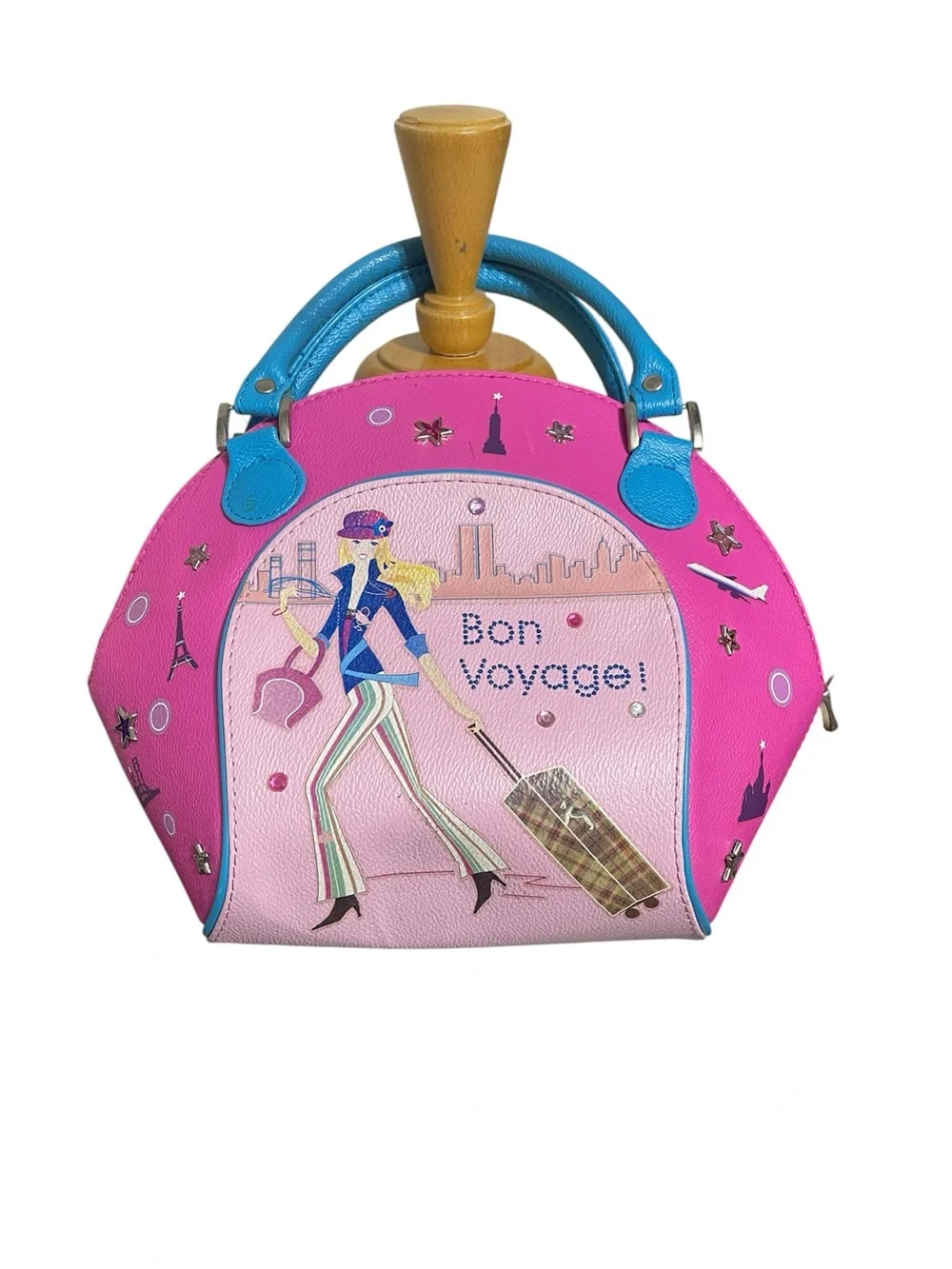 Barbie VTG Bon Voyage Pink & Blue Dome Satchel Bag